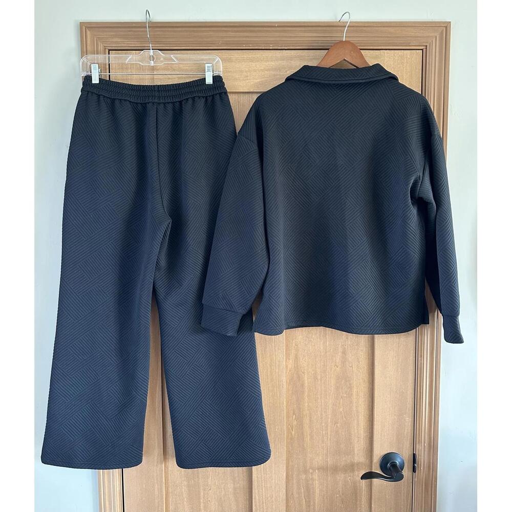 NWT BTFBM Black Textured Collared V-Neck Top & Wide Leg Pants Lounge Set size LG - Picture 8 of 15